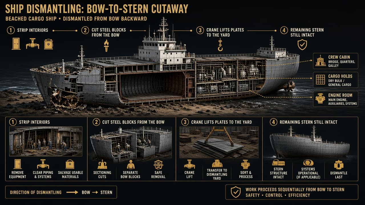 Educational cutaway of a beached ship stripped then cut from the bow backward