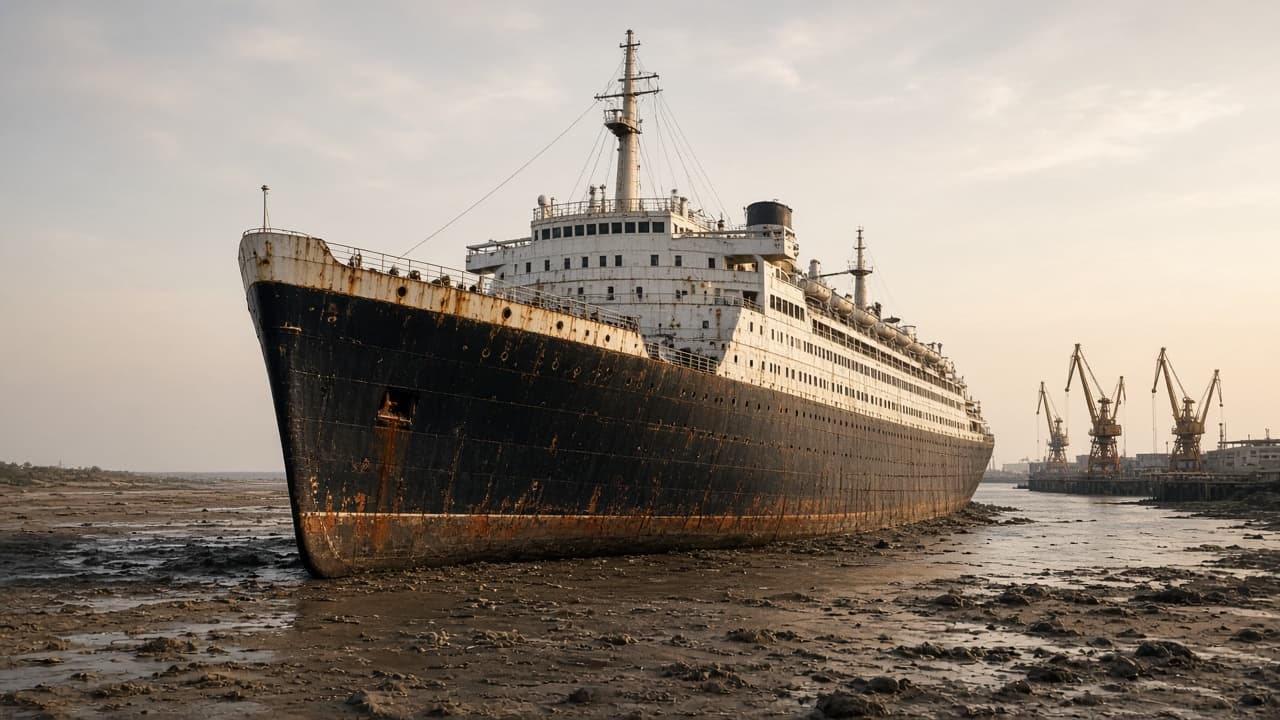 Illustrative classic ocean liner beached for recycling on a Gujarat shore