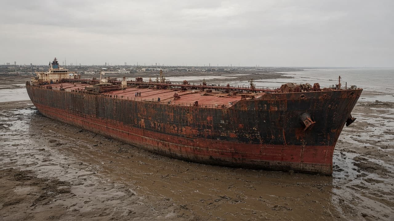 Illustrative beached crude tanker on Gujarat mudflats