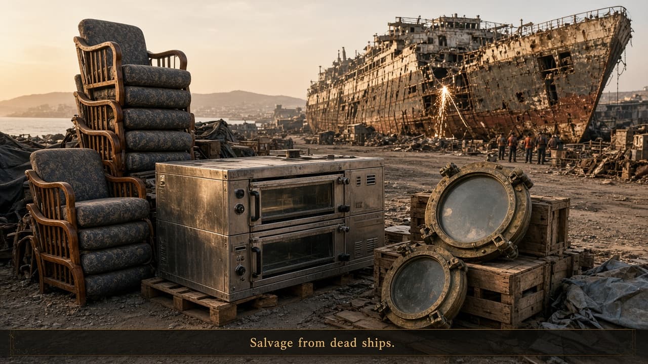 Illustrative Alang salvage strip with cruise furniture, galley ovens and brass portholes