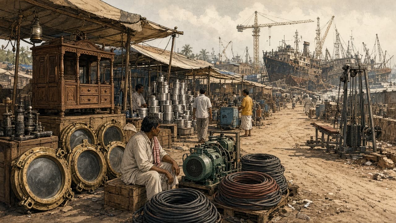 Illustrative salvage shops selling ship furniture, cables and machinery near Alang