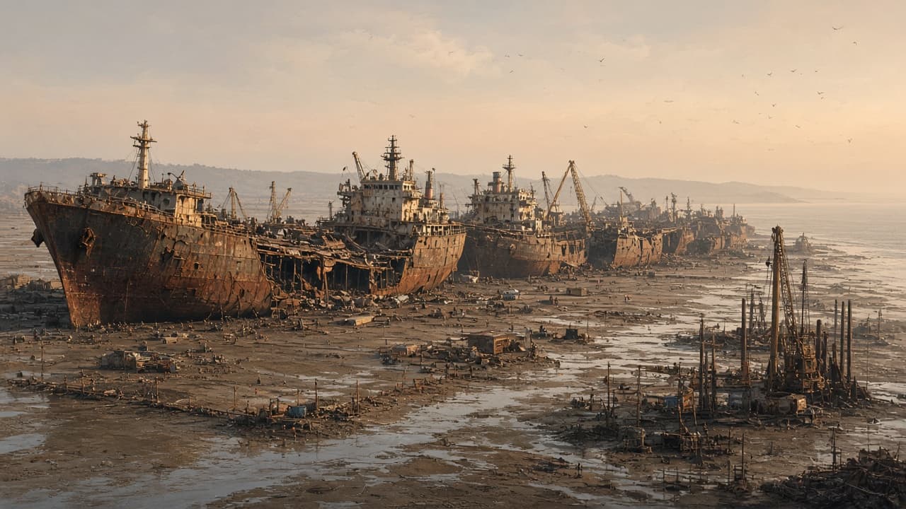 Illustrative view of ships beached on the Alang recycling coast in Gujarat