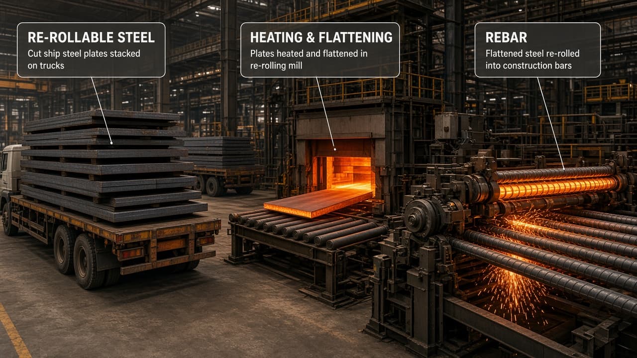 Educational view of ship plate becoming re-rolled construction steel