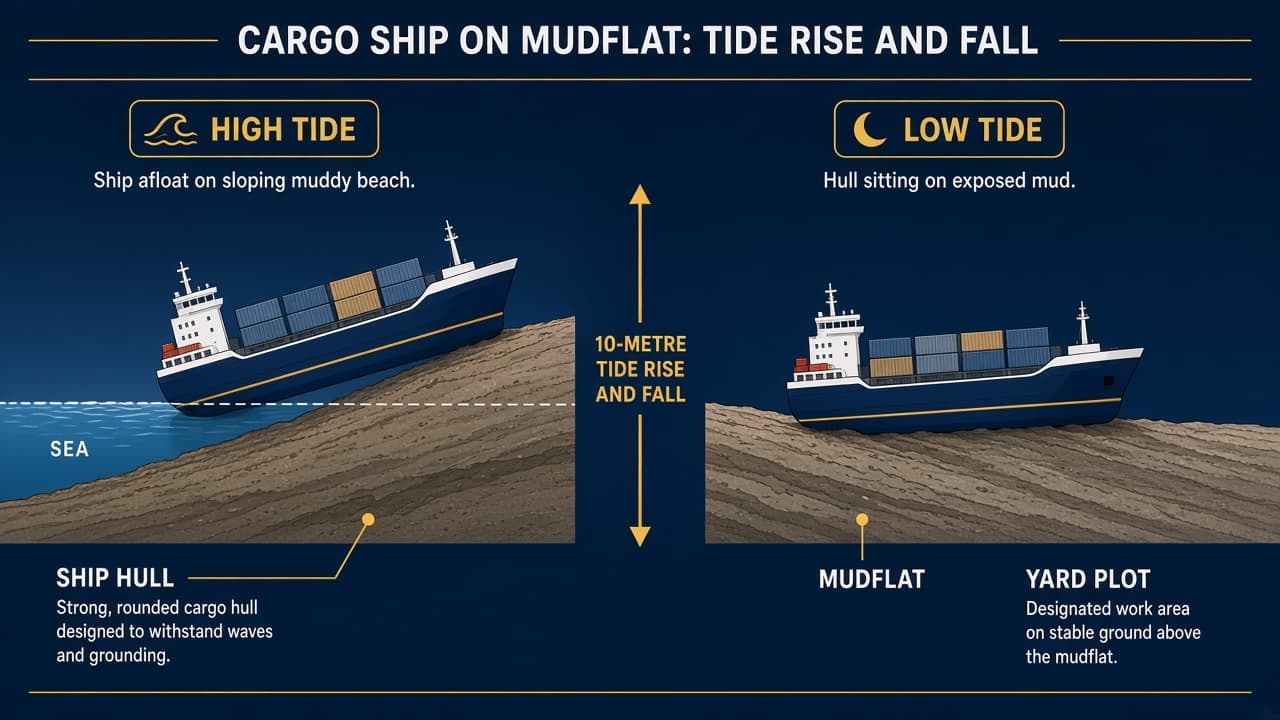 Educational diagram of high-tide beaching and low-tide dismantling on a mudflat