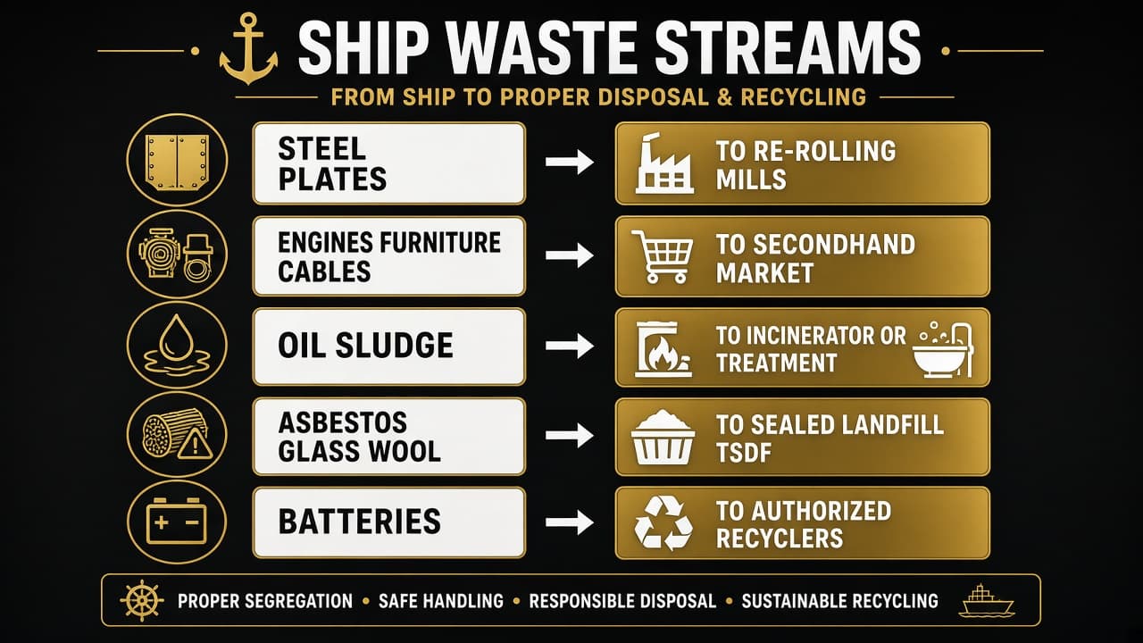 Educational flowchart of steel, salvage goods and hazardous waste leaving a recycled ship