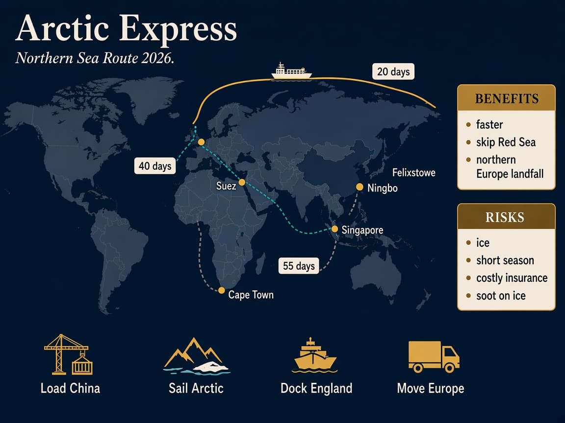 Illustrated Arctic Express card showing three routes, days, benefits and risks