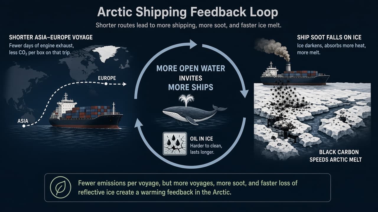 Educational figure of shorter-voyage CO2 savings versus black carbon speeding ice melt