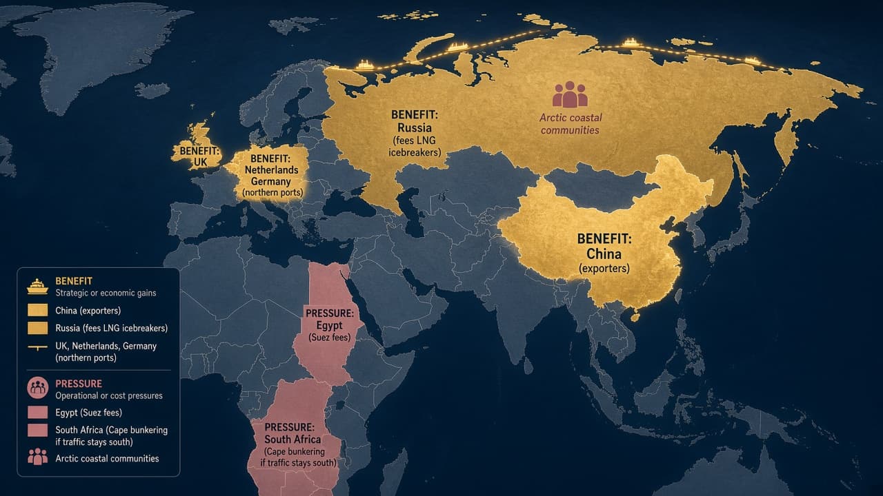 Illustrated map of economies that gain from Arctic sailings and those under fee pressure