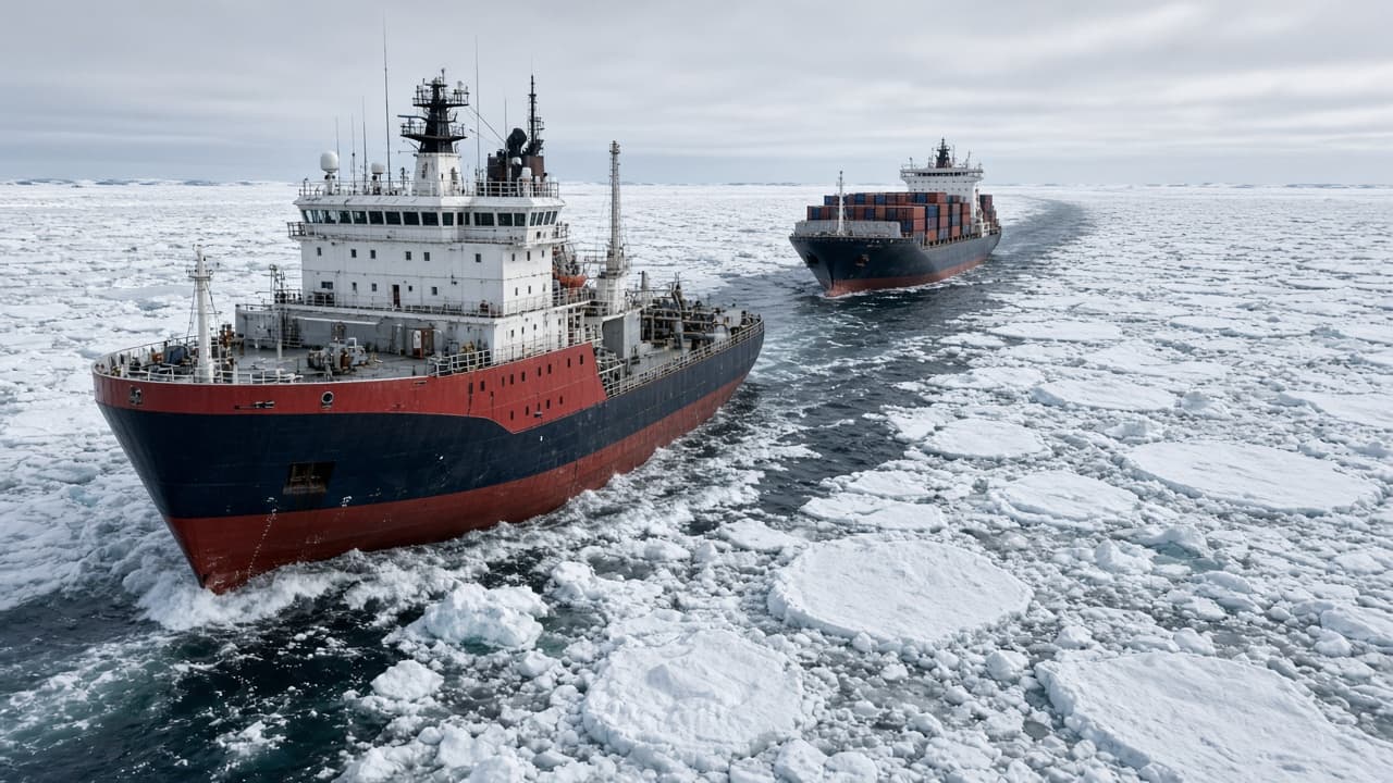 Educational view of an icebreaker opening a channel for a containership