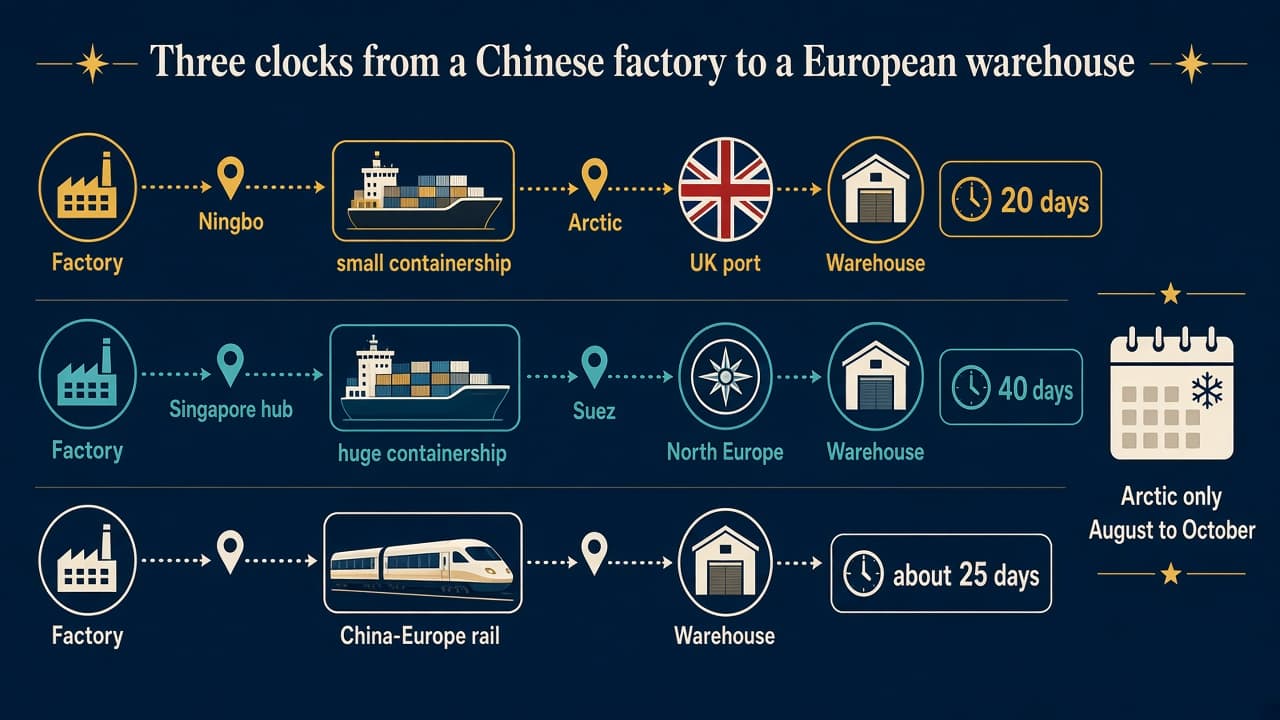 Educational figure of Arctic sea, Suez sea and China-Europe rail clocks from factory to warehouse