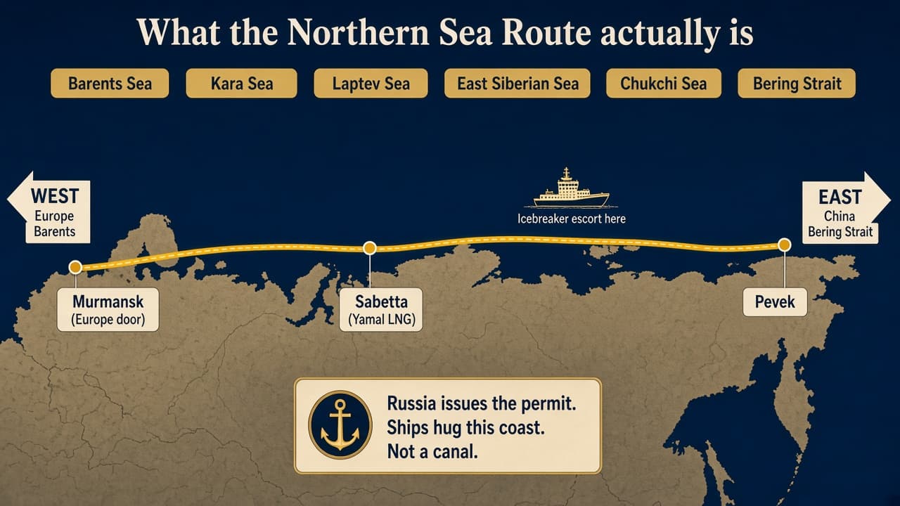 Schematic of the Northern Sea Route from the Bering Strait to Murmansk with named seas and ports