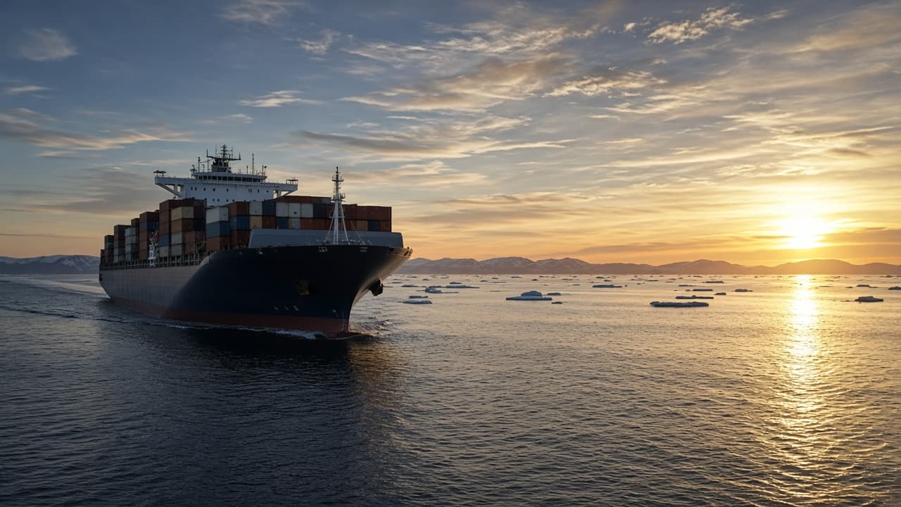 Illustrative containership in a summer Arctic sea lane