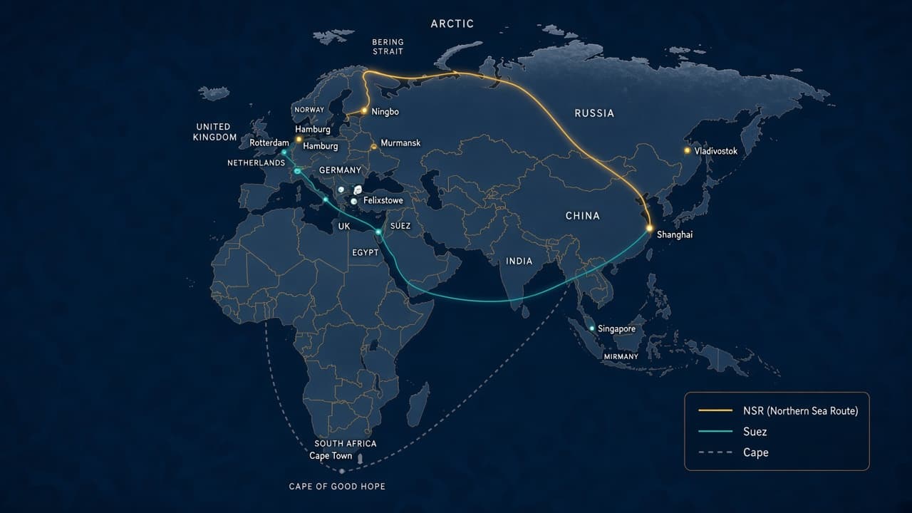 Illustrated map of Arctic, Suez and Cape routes with ports from Ningbo to Felixstowe