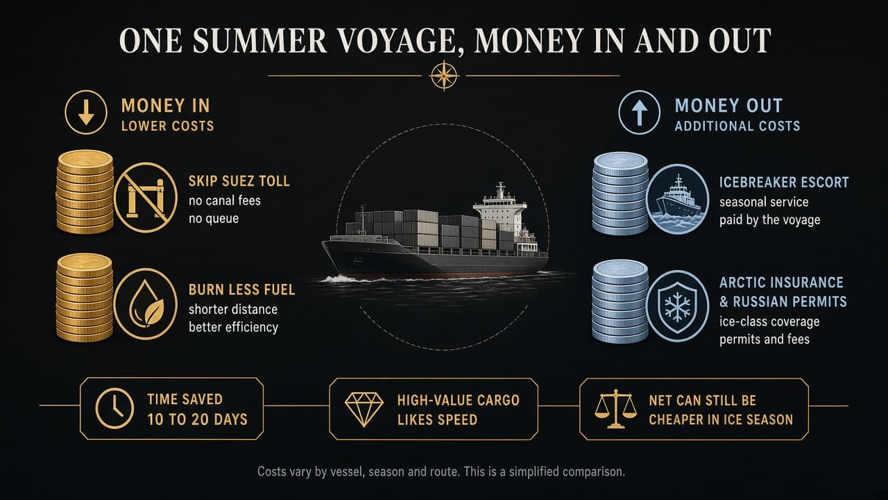Educational figure of fuel and Suez tolls saved versus icebreaker and insurance costs