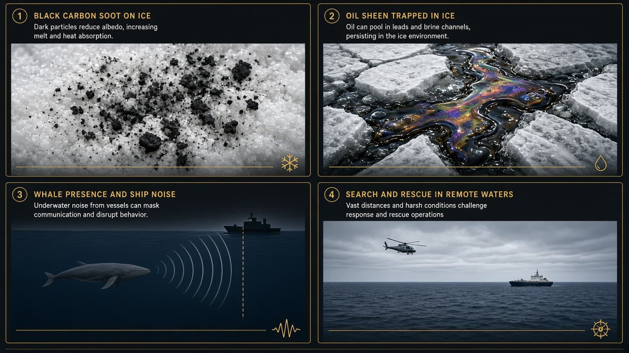 Educational figure of black carbon, oil in ice, underwater noise and slow Arctic rescue