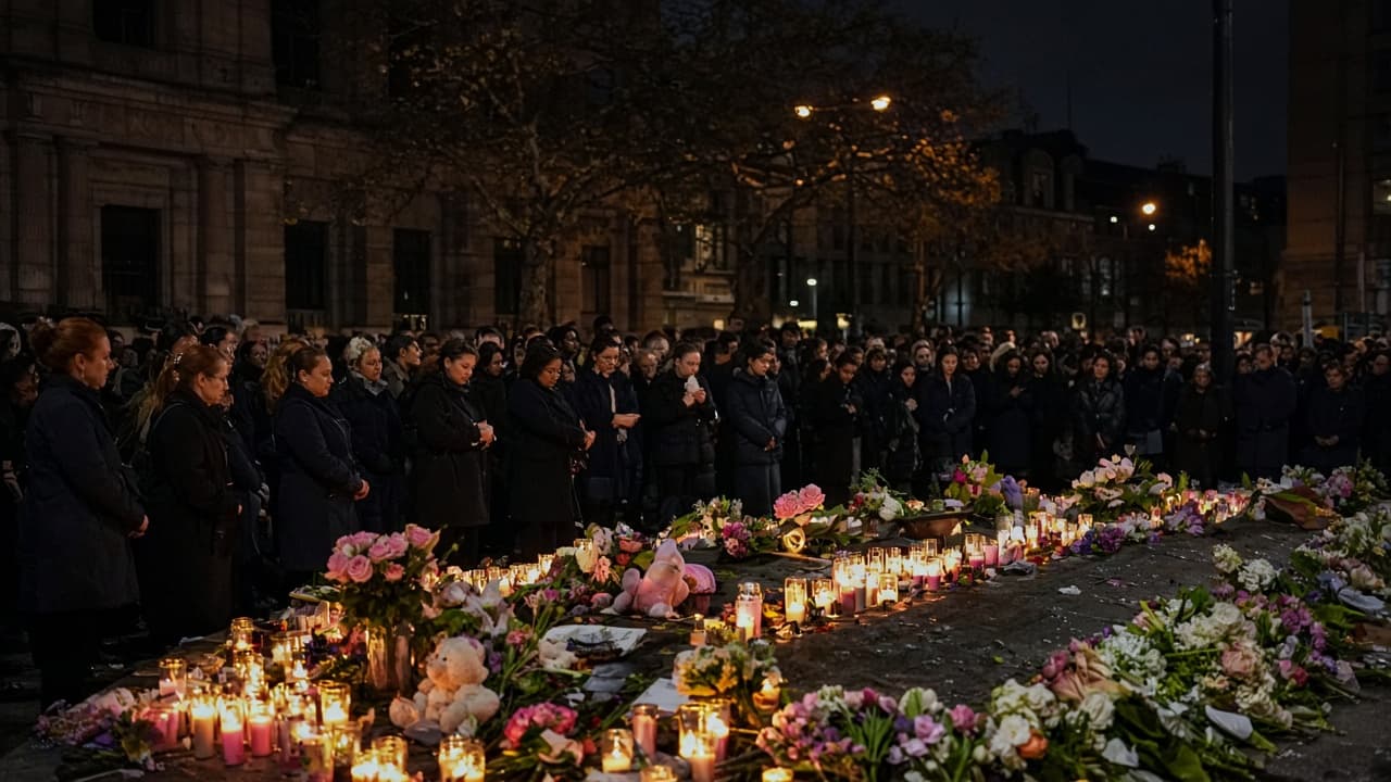 Illustrative scene of a memorial of flowers and bee symbols in a city square