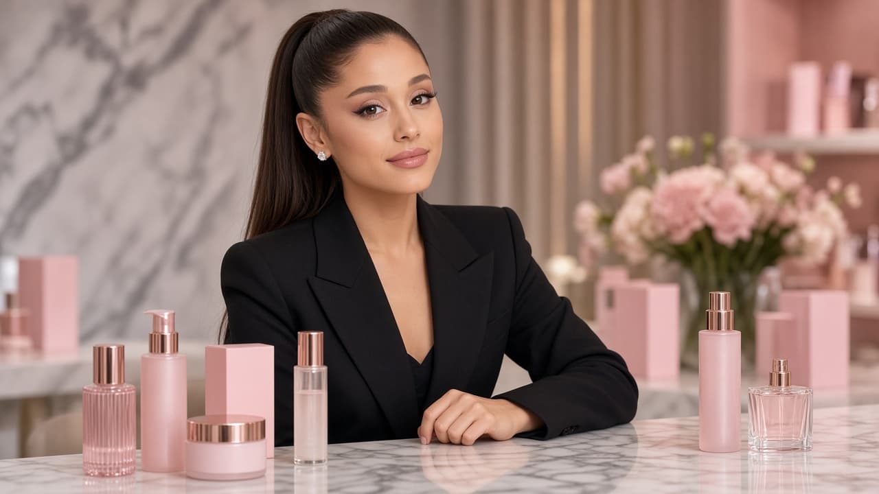 Illustrative product scene of a minimalist cosmetics line on a pale surface