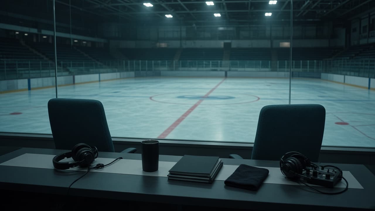 Empty broadcast desk overlooking a quiet ice rink