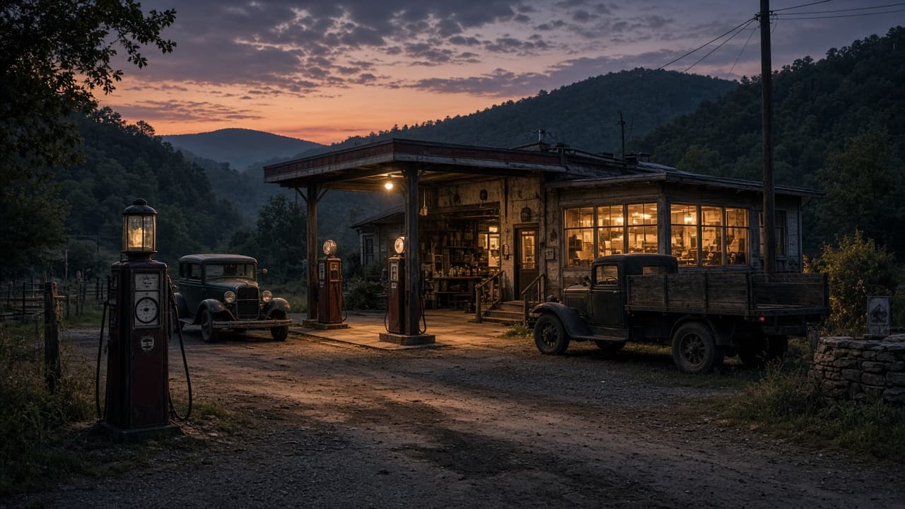1930s Kentucky roadside gas station with warm diner lights and vintage vehicles outside