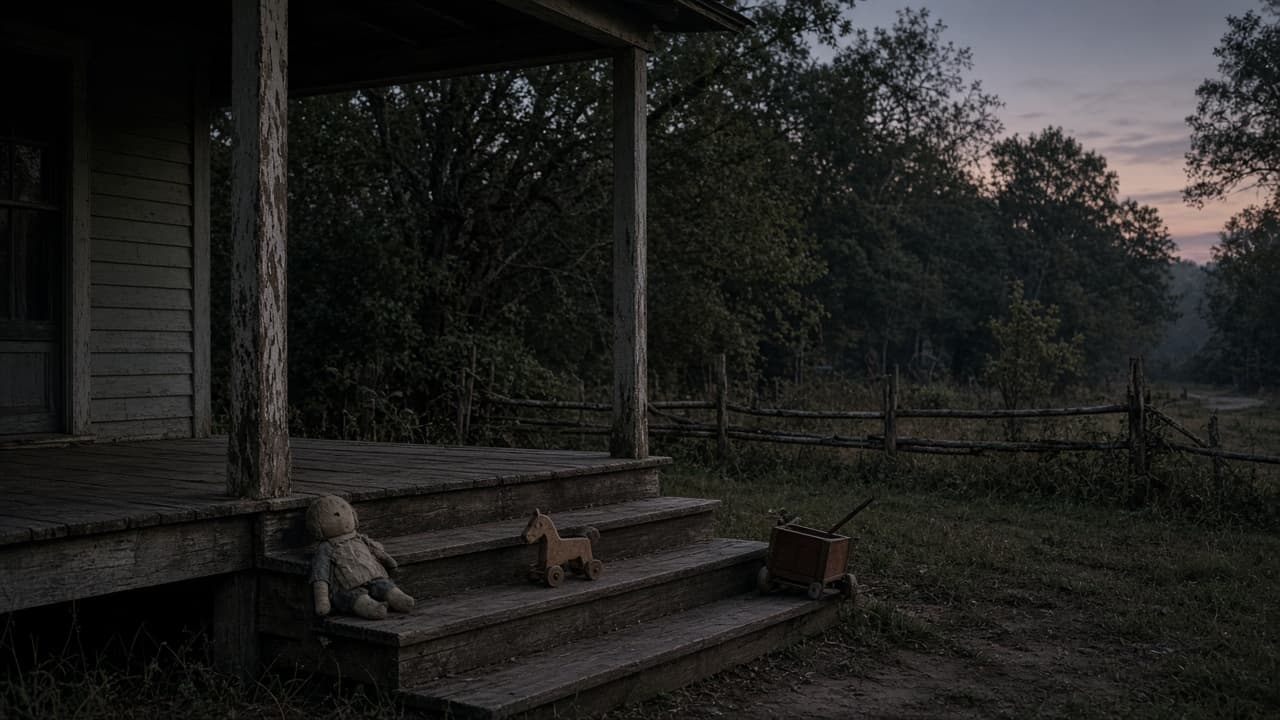 Empty rural porch at dusk with dark woods beyond, suggesting family rupture and waiting