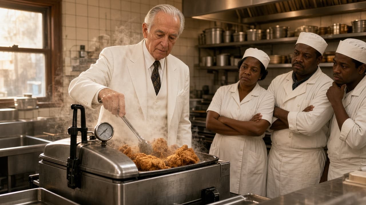 Elderly man in a white suit cooking chicken for restaurant staff in a 1950s kitchen