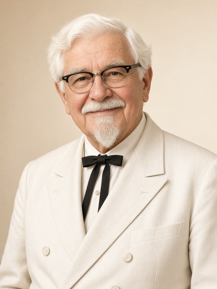Warm editorial portrait of an elderly Southern gentleman in a white suit and black string tie