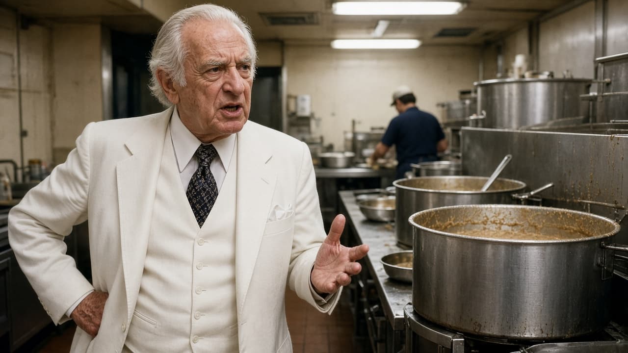 Elderly founder in a white suit confronting industrial kitchen gravy pots in a 1970s fast-food kitchen