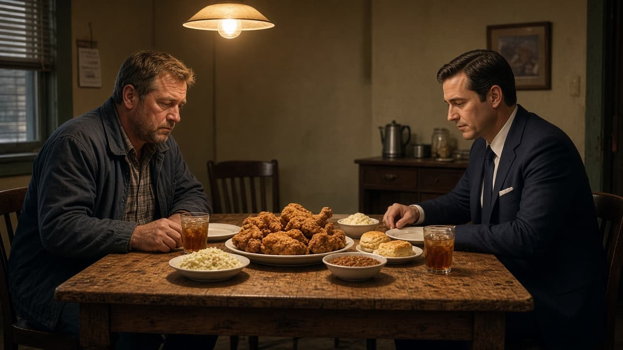 A truck driver and a well-dressed diner sharing fried chicken at the same humble table