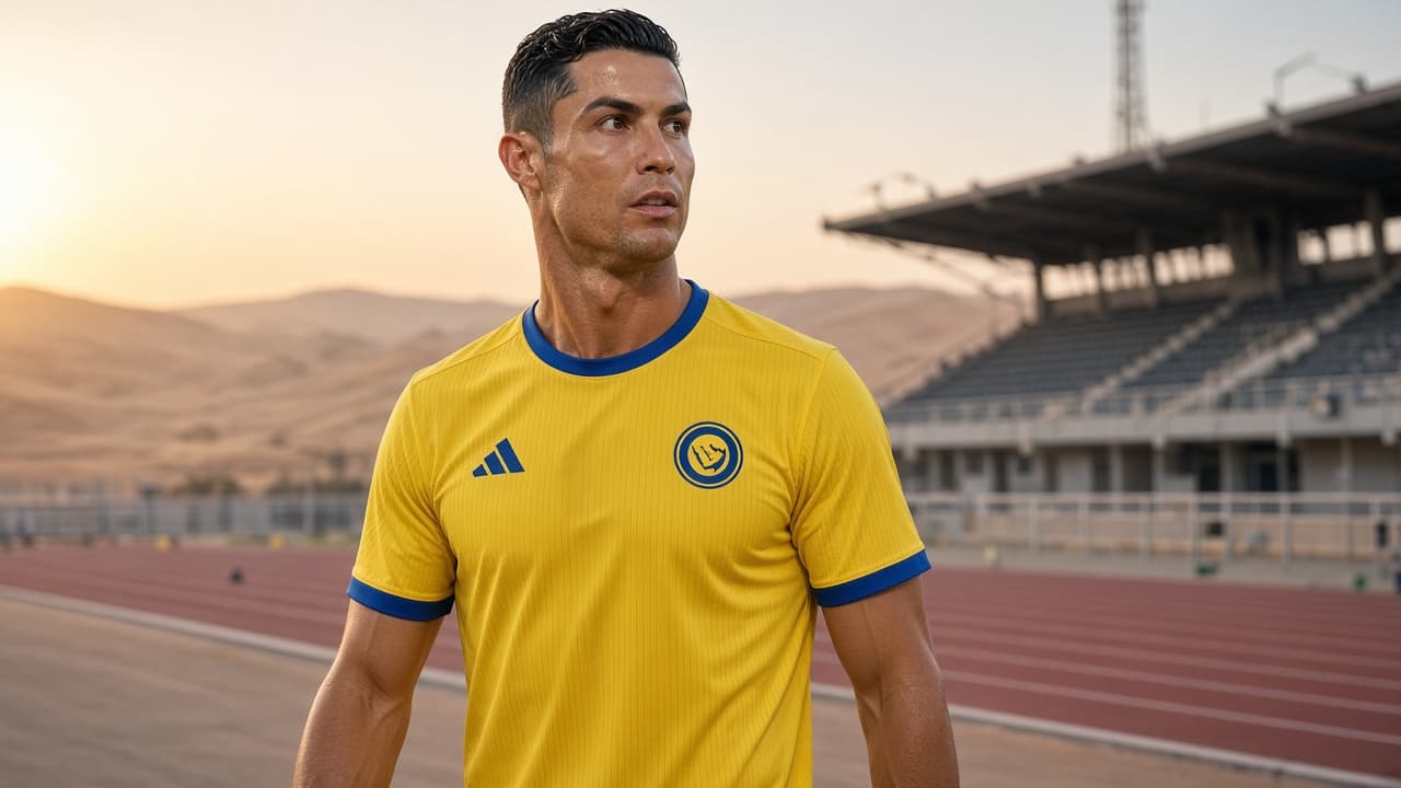 Illustrative scene of a footballer in yellow at a Saudi Pro League stadium