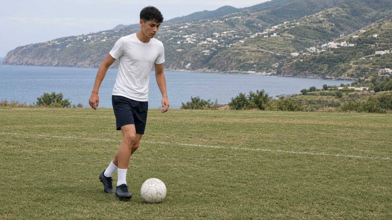 Illustrative scene of a boy playing football on a hillside street in Madeira