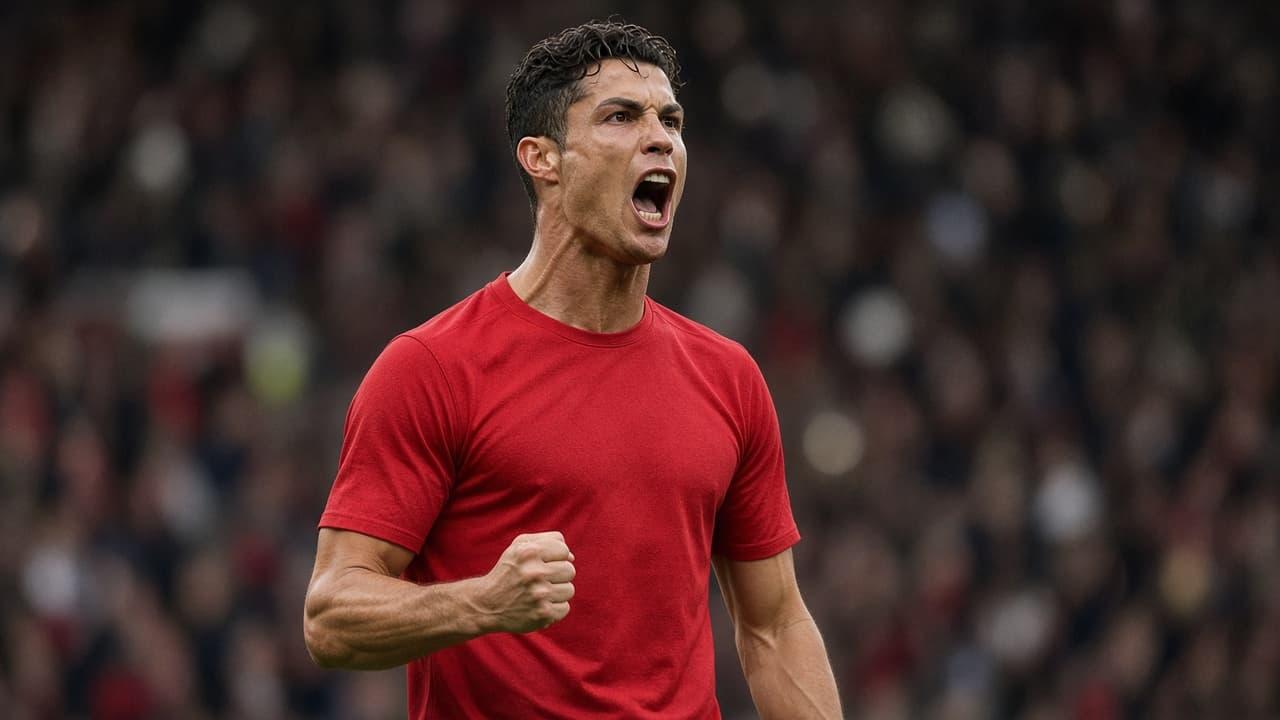 Illustrative scene of a winger in red running at a defender at a full English stadium