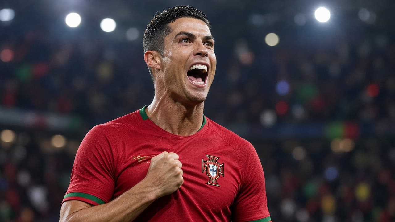Illustrative scene of a Portugal captain lifting a trophy with teammates