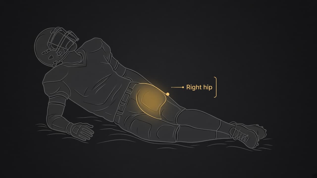 Illustrative diagram highlighting a quarterback’s right hip after a sack
