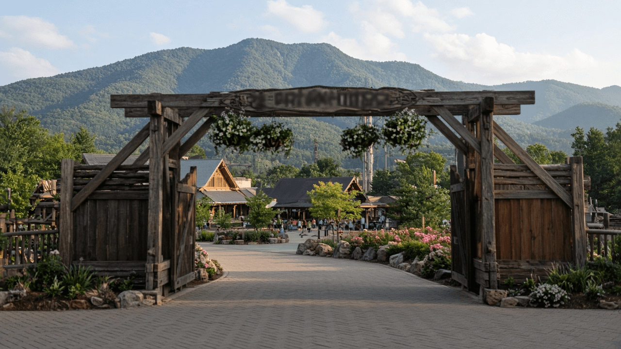 Illustrative view of a mountain theme park entrance in Tennessee
