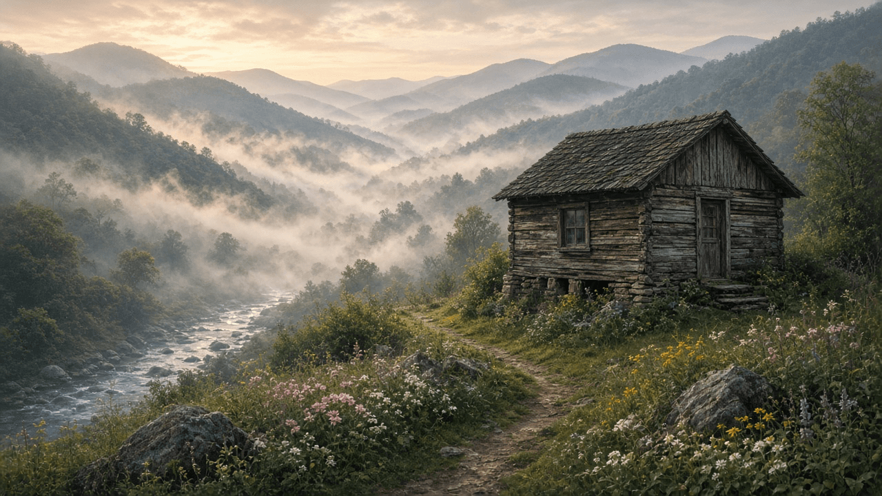 Illustrative Appalachian cabin and river valley in east Tennessee