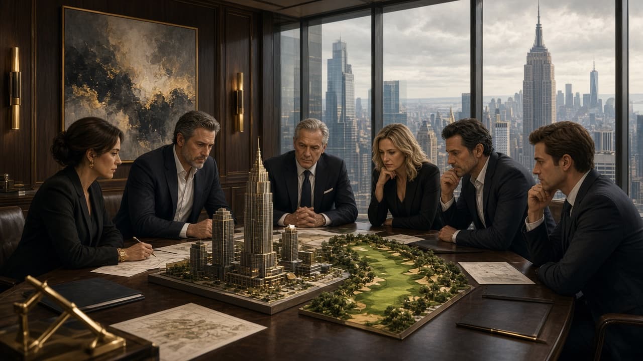 Illustrative family business meeting with building models in a New York office
