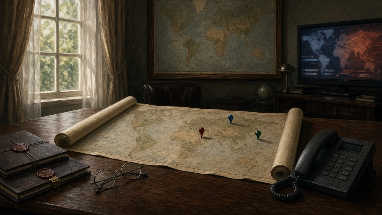 Illustrative presidential desk with a world map marked for overseas conflicts