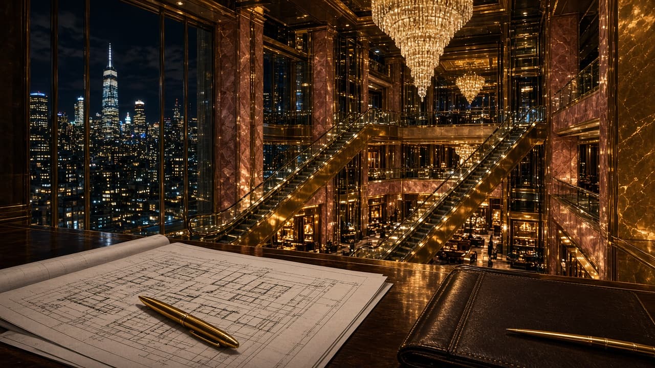 Illustrative luxury Manhattan skyscraper lobby representing Trump real-estate wealth