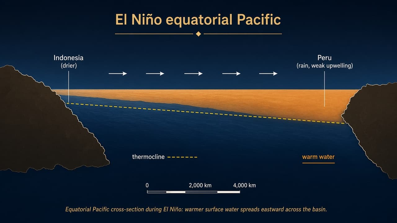 Educational cross-section of El Niño: weak trade winds, warm eastern Pacific and reduced upwelling