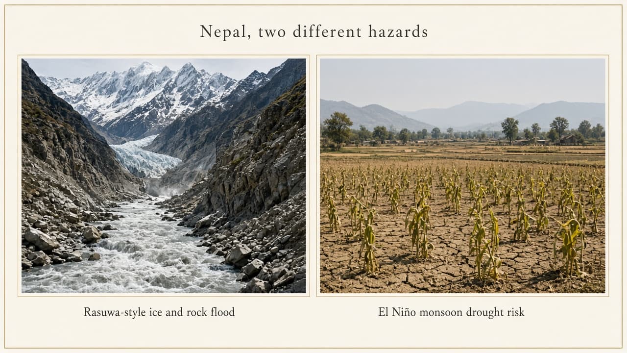 Educational split of Nepal ice-rock flood versus El Niño drier monsoon risk