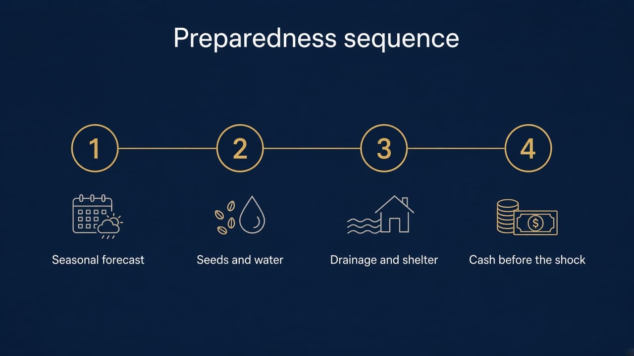 Educational four steps: early warning, seeds and water, drains, cash before the shock