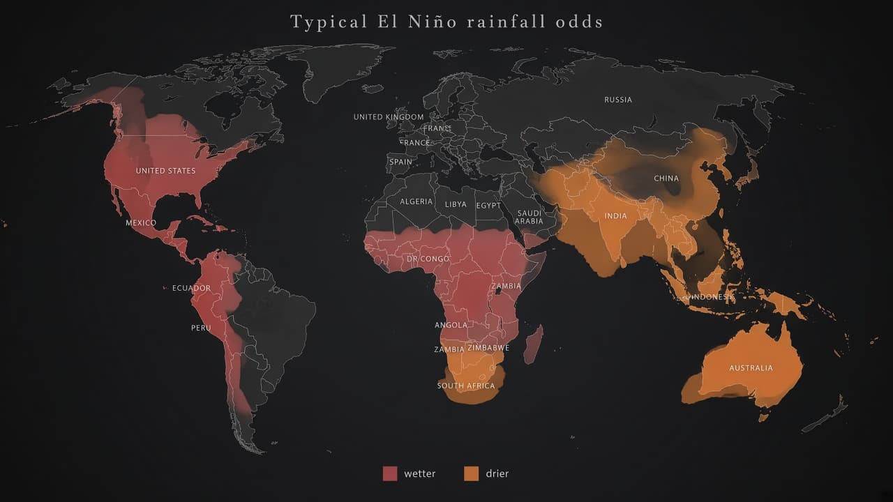 Educational world map of typical El Niño wetter and drier regions