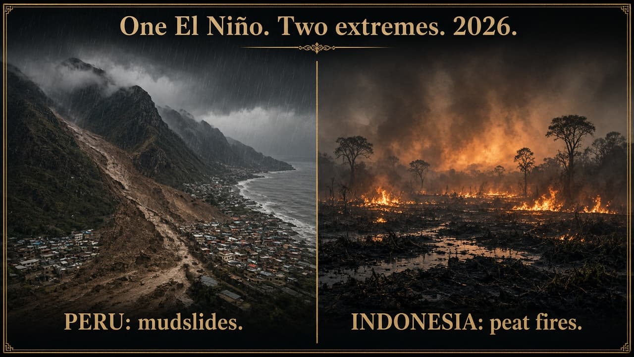Split illustration of Peruvian mudslides and Indonesian peat fires in the same El Niño winter