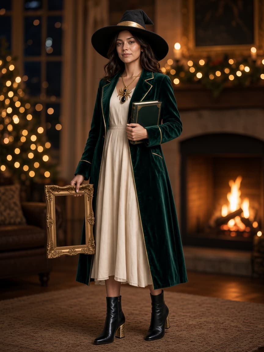 Gilded Frame witch costume, full front at party with spider pendant