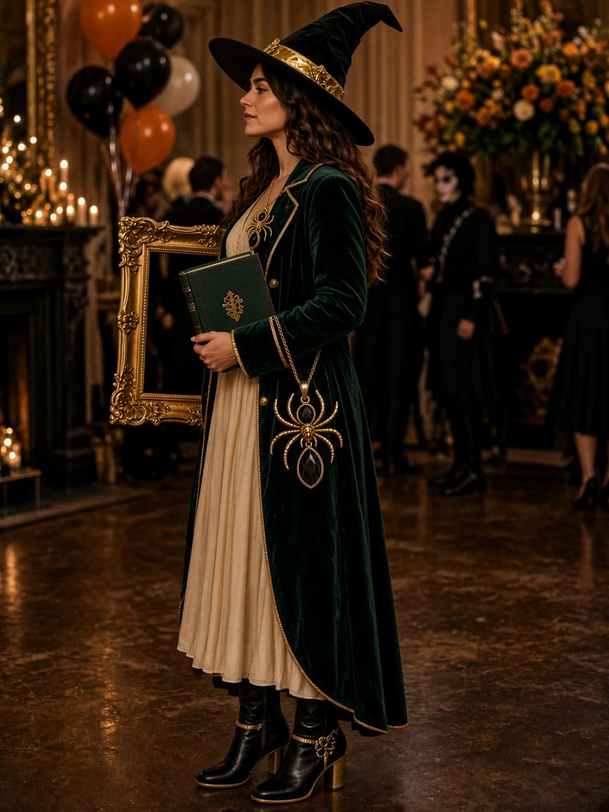 Gilded Frame witch costume, full side view at party