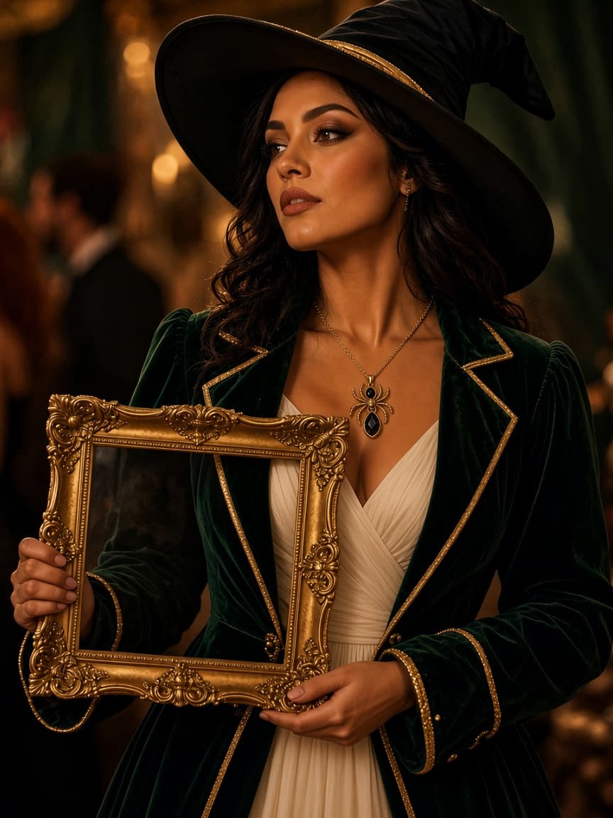 Gilded Frame witch costume, waist-up with spider pendant