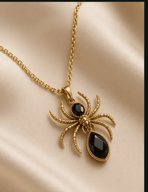 Gold spider pendant with black gemstones