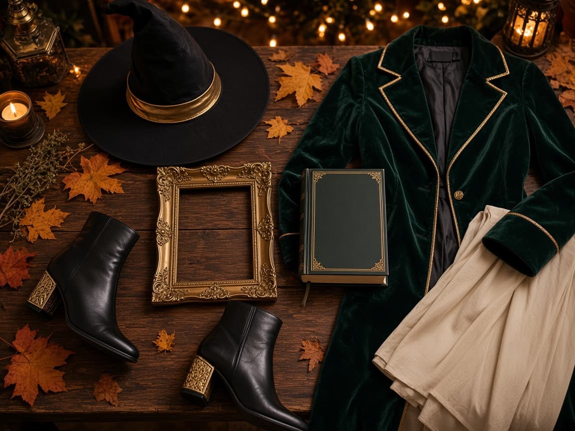 Gold picture frame and green hardcover book