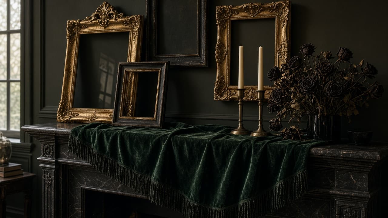 Ornate empty frames, candles and dried flowers styled as elegant Halloween mantel decor