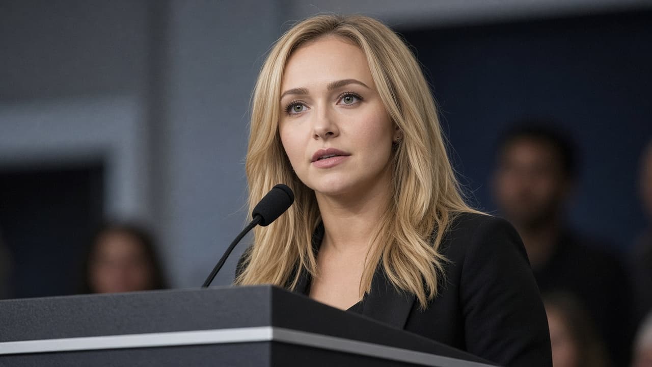 Illustrative scene of a woman speaking at a mental health advocacy panel